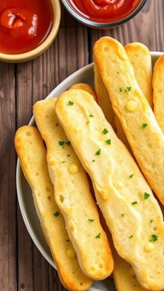 Golden garlic herb breadsticks on a plate, with a bowl of marinara sauce for dipping.